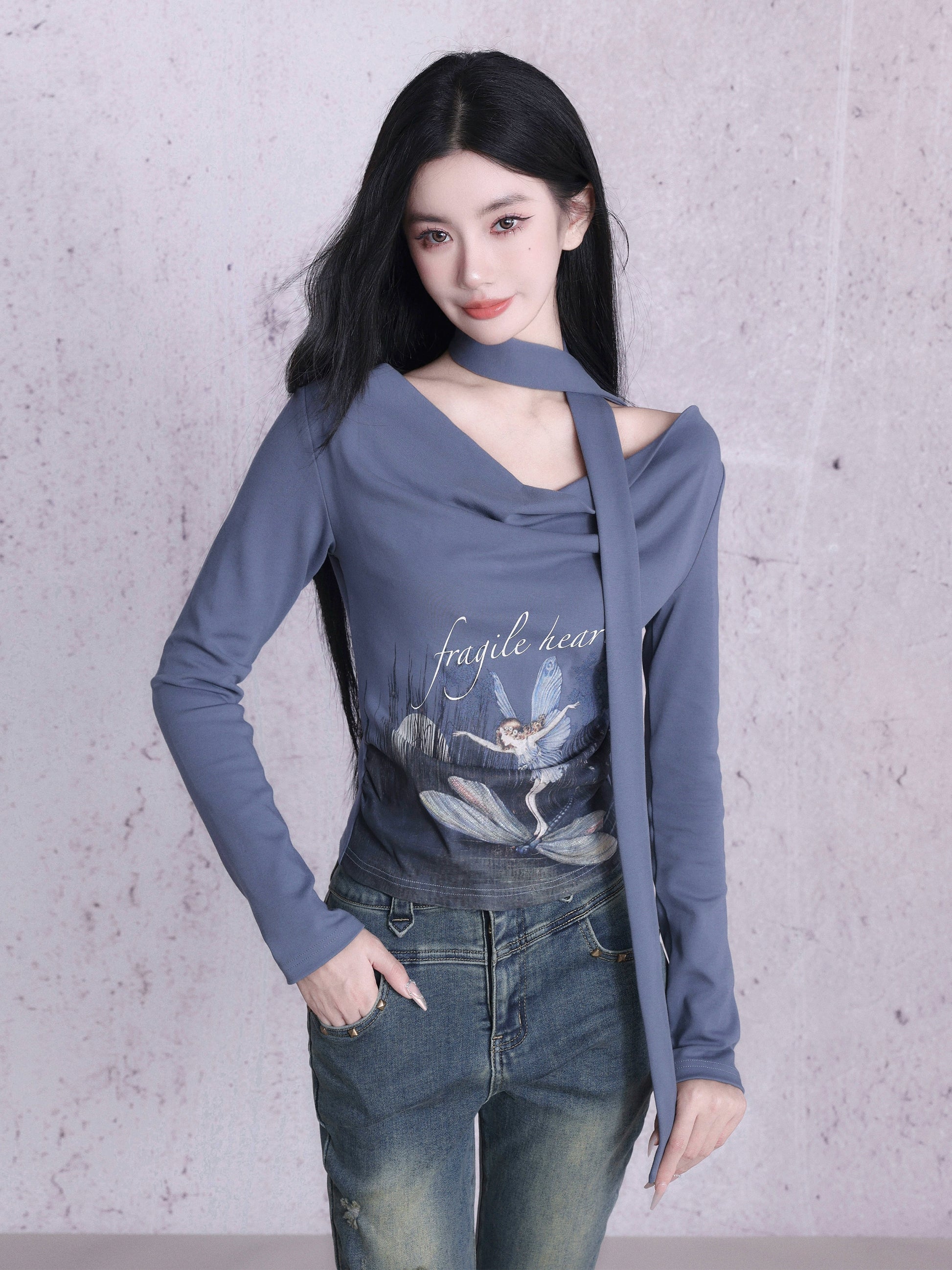 Printed Long-sleeved Swing Neck T-shirt