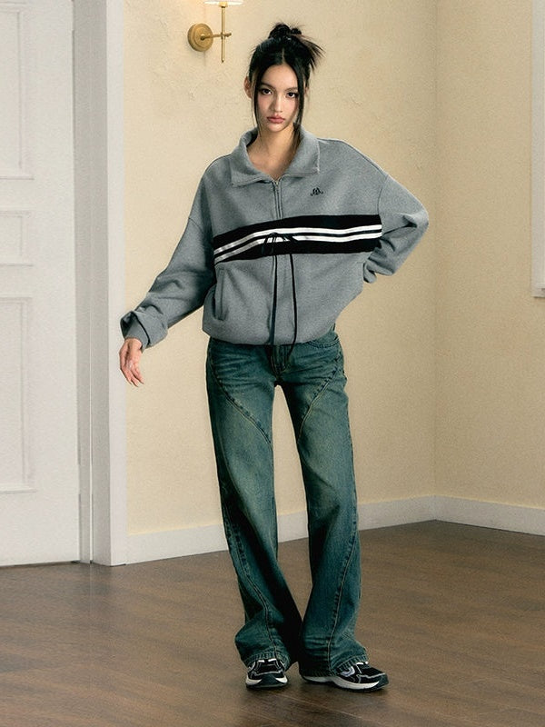 Contrast Line Stand Collar Half-Zip Pullover