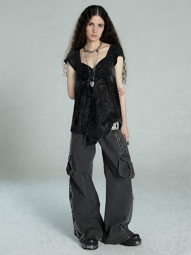 Pentagon Neck Flocking Mesh Dark Pleated Puff Sleeve Shirt