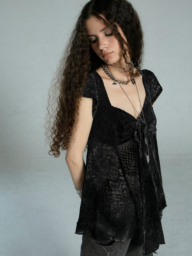 Pentagon Neck Flocking Mesh Dark Pleated Puff Sleeve Shirt