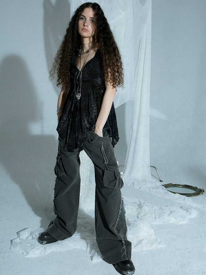 Pentagon Neck Flocking Mesh Dark Pleated Puff Sleeve Shirt