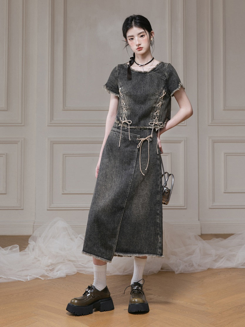 Distressed Washed Denim Lace-Up Top & Wrap Skirt Set-up