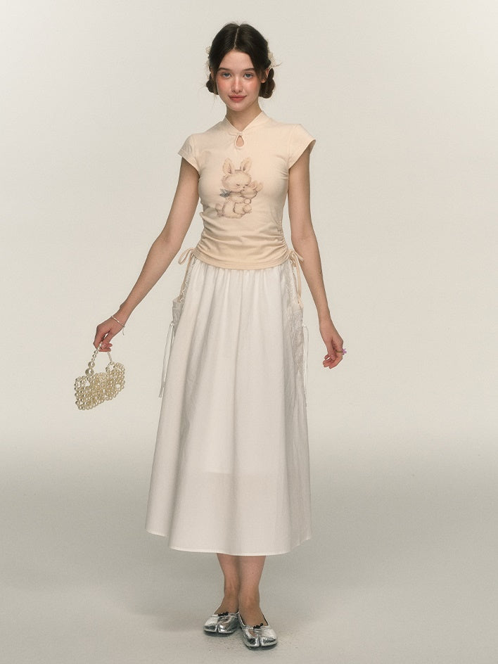 Chinese Style Rabbit Print Drawstring T-shirt