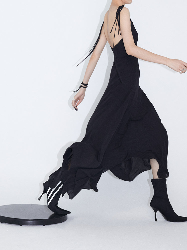 비대칭 밑단 쉬폰 스트랩 드레스