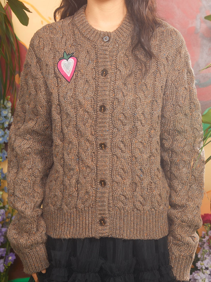 Love Strawberry Embroidered Cable Knitted Cardigan
