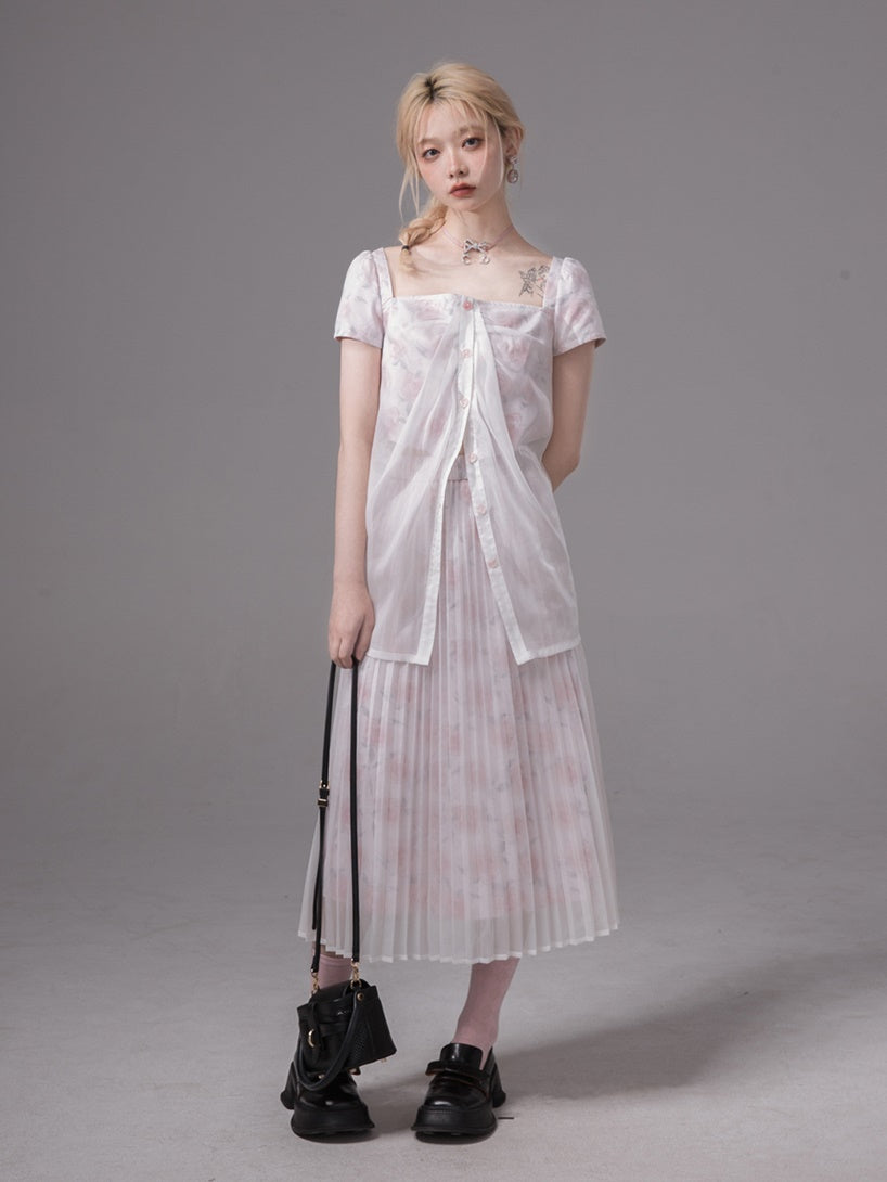 층상 깎아 지른 꽃 탑 & 주름 스커트