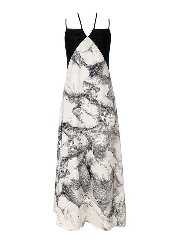 Contrasting Color Printed Halter Neck Sling One-piece