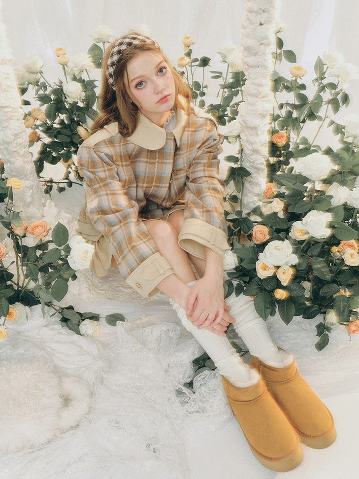 Plaid Round Collar Short Jacket & Mini Pleated Skirt