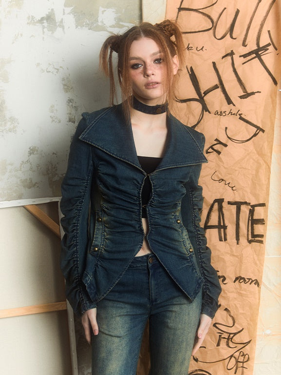 Street Pleated Stacked Denim Jacket