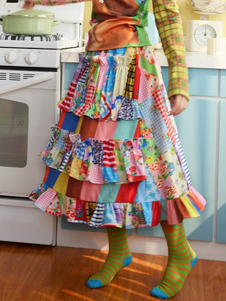 Patchwork Retro Ruffled Skirt