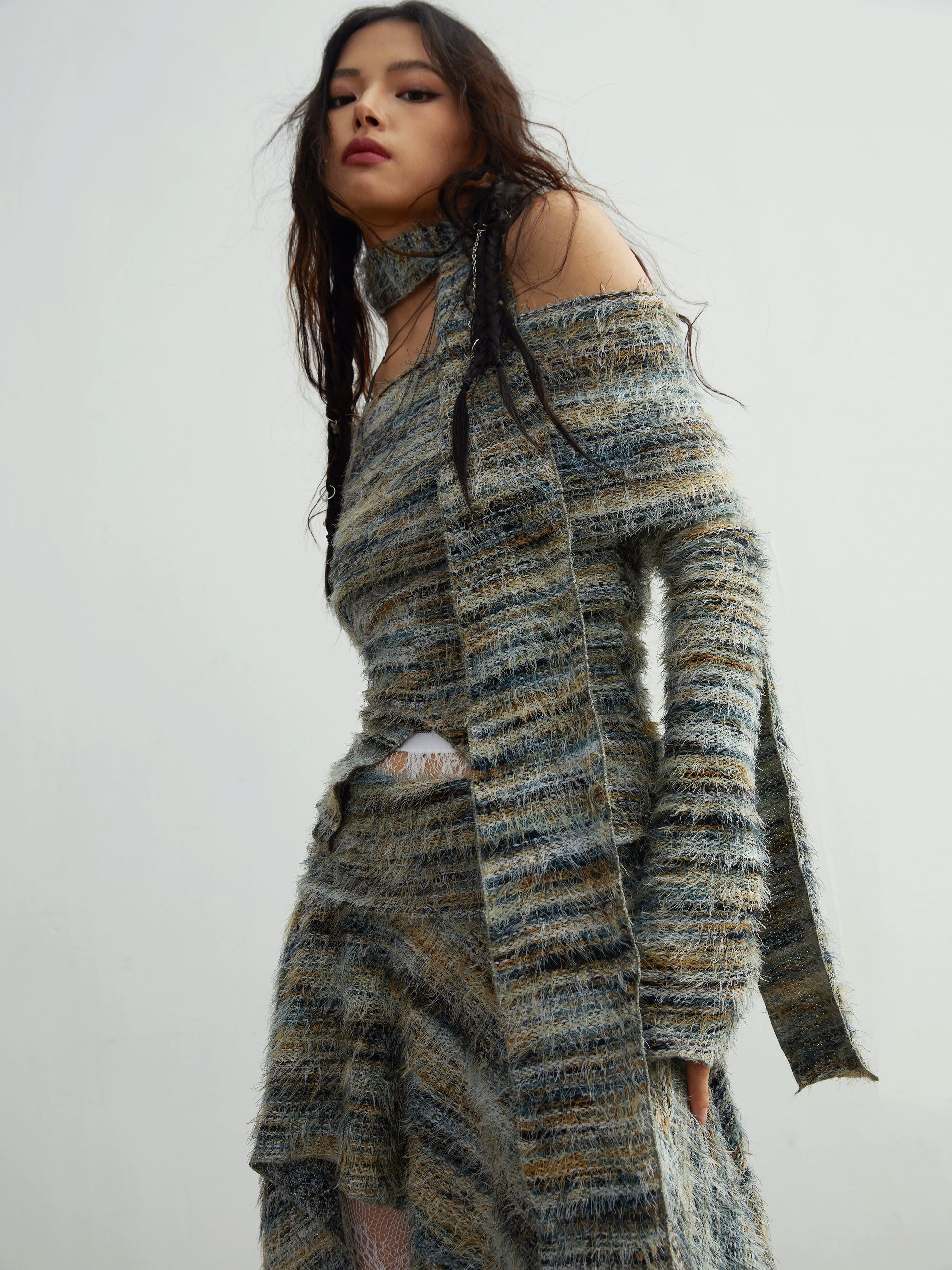 Forest Color Off-Shoulder Loose Knitted Top & Irregular Skirt