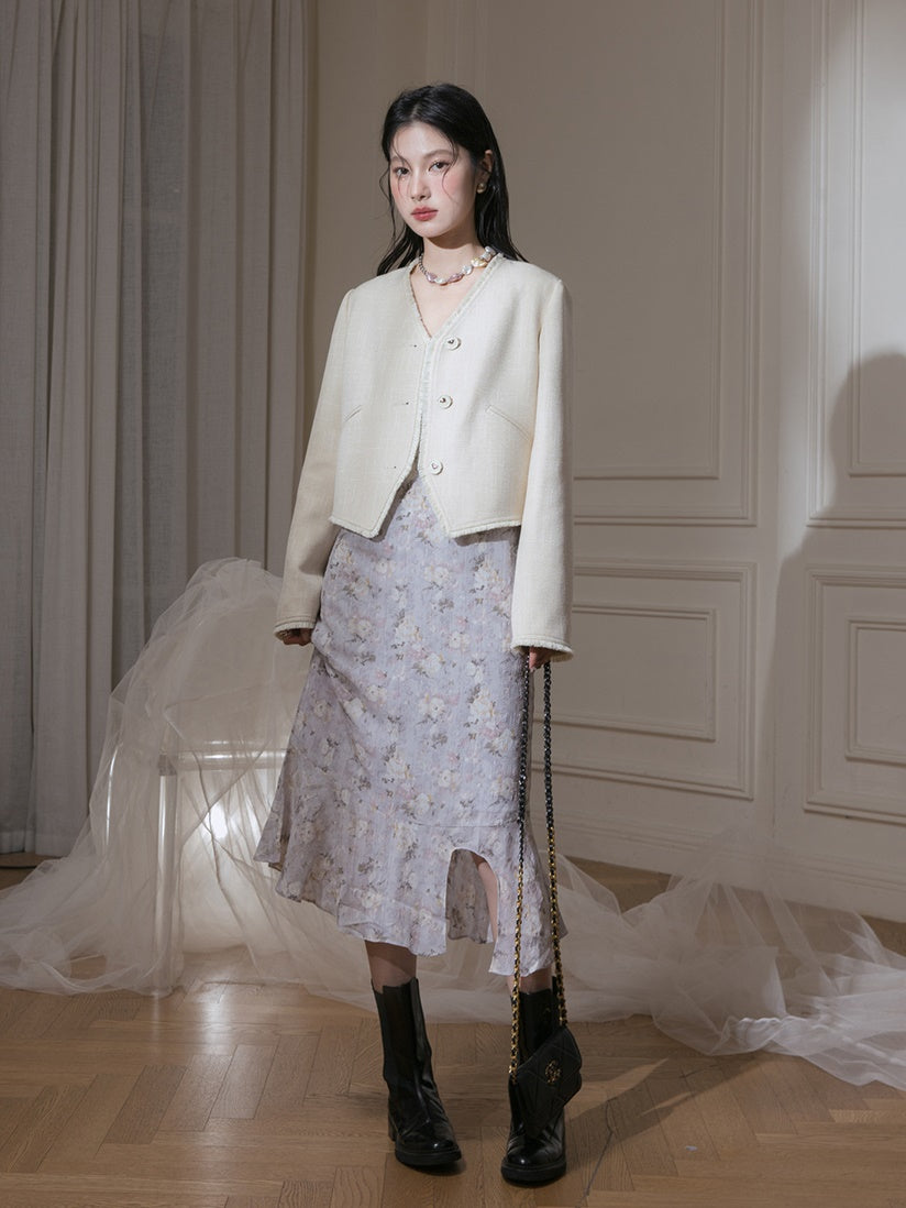 V-neck Small Fragrant Style Short Jacket & Skirt Set-up