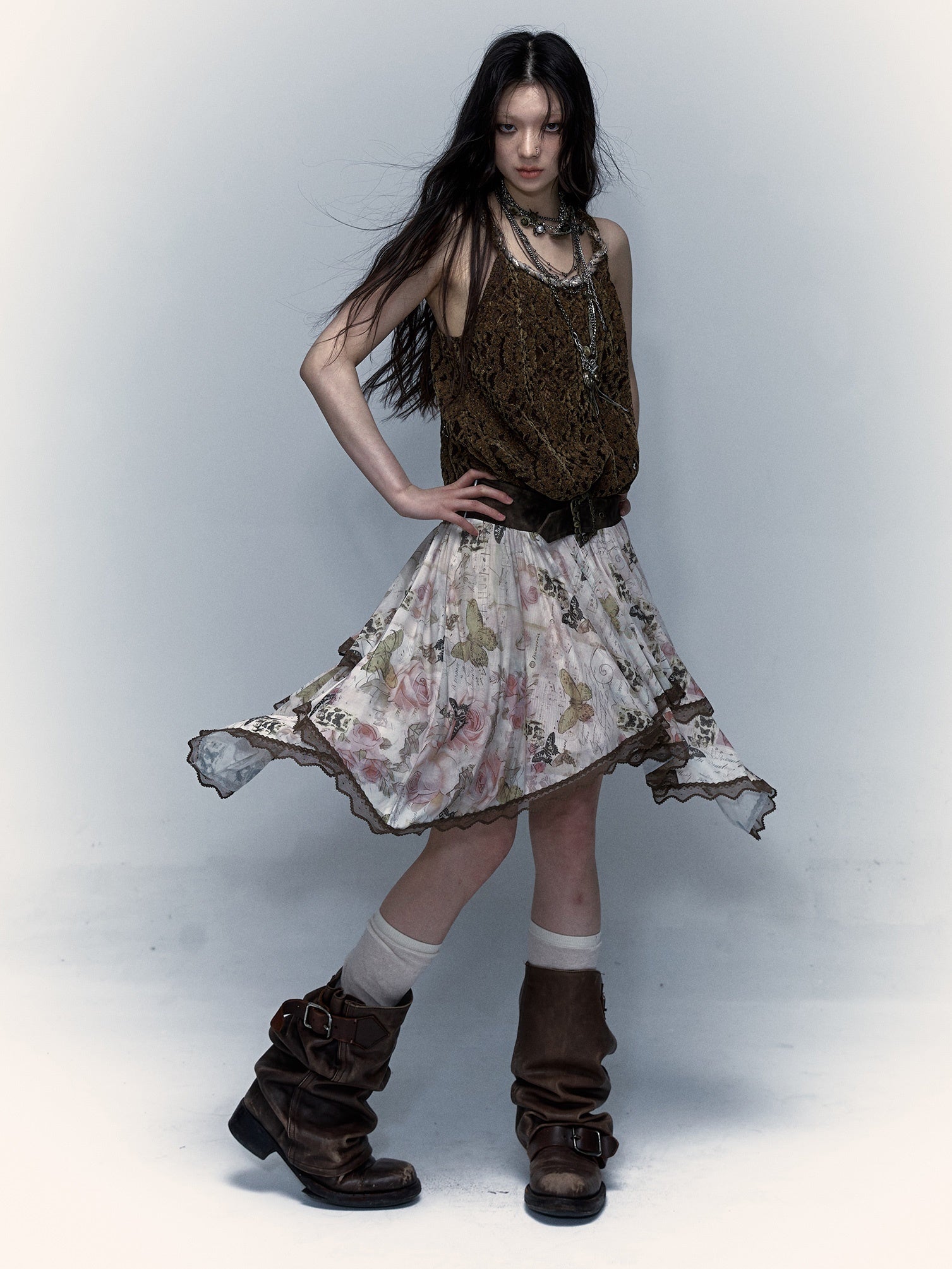 Retro Butterfly Print Splicing Irregular Skirt
