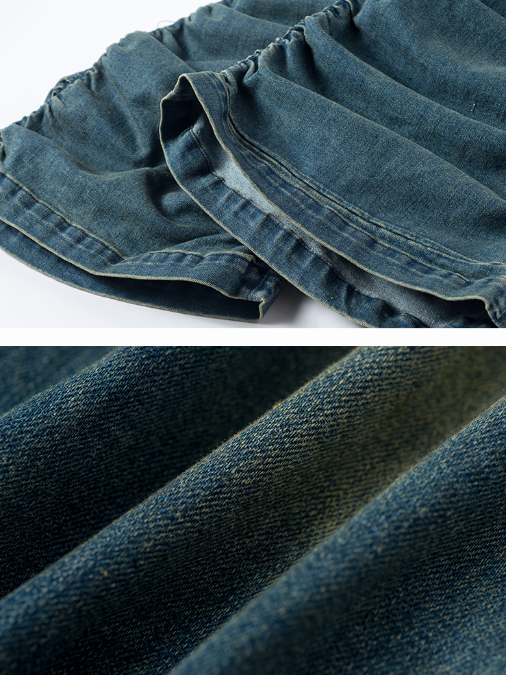 주름진 쌓인 데님 바지