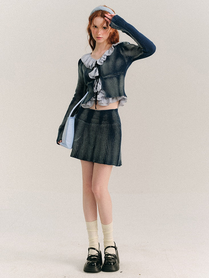 Washed Tie-dye Lace-up Knitted Cardigan & Skirt