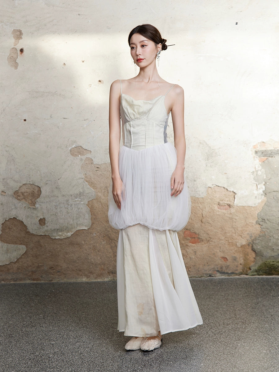 메쉬 꽃 새싹 미끄러짐 긴 드레스