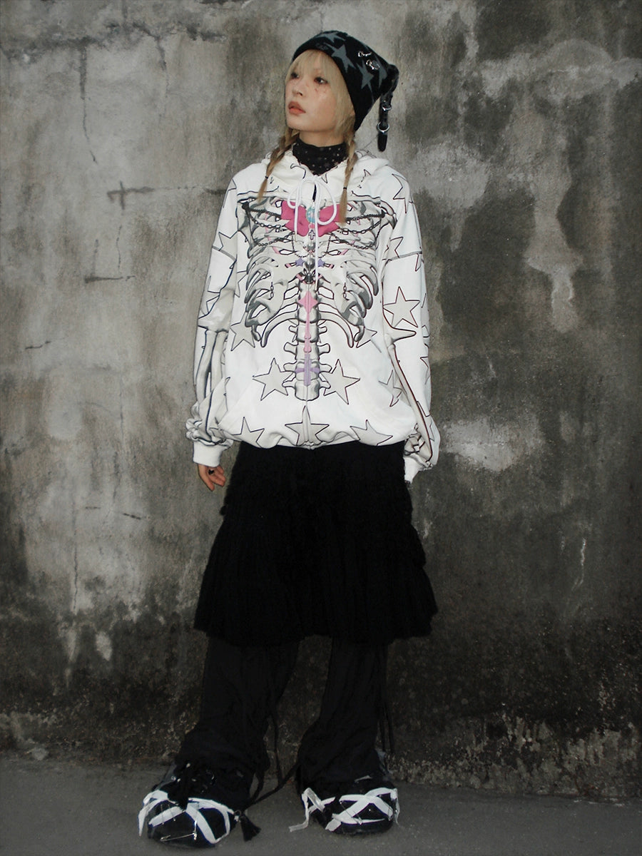Star Skull Printed Loose ZIP-Up Parka