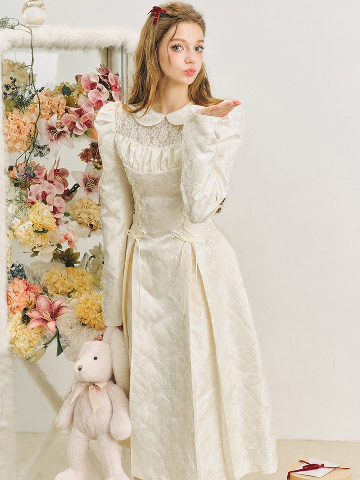 Jacquard Lace-Up Tuck Pleated Dress