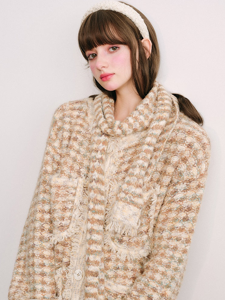 Knitted Fringe Cardigan Jacket With Stole & Long Skirt