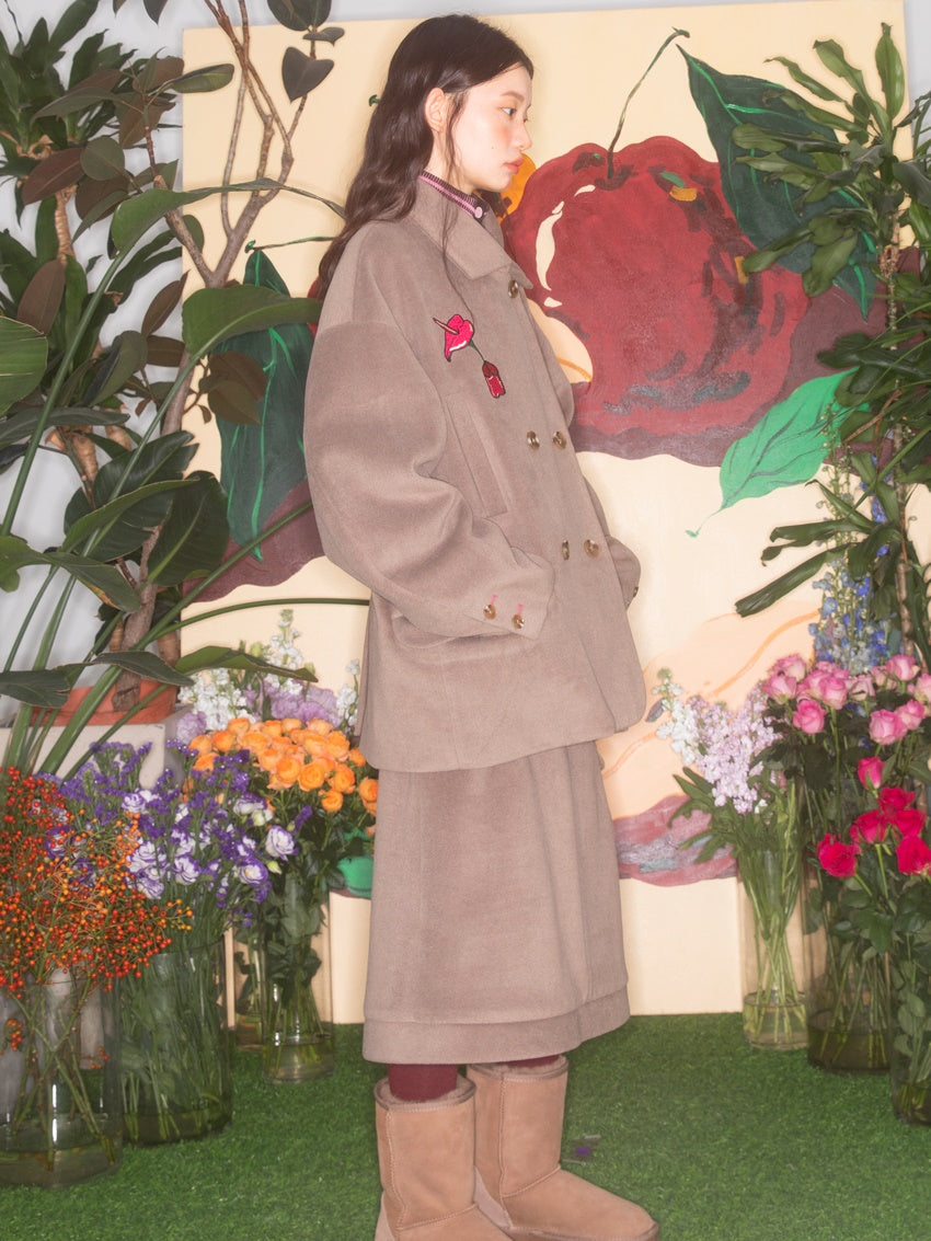 Cherry Embroidered Double Button Coat & Skirt