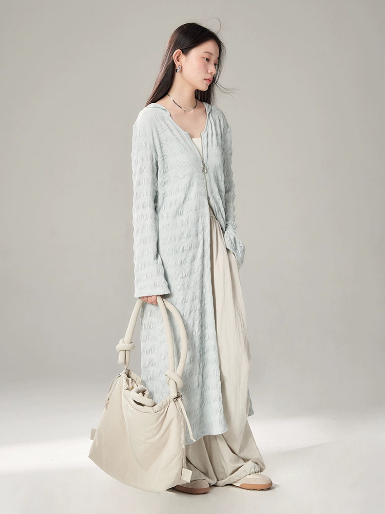 후드 주름이 더블 지퍼 니트 가디건