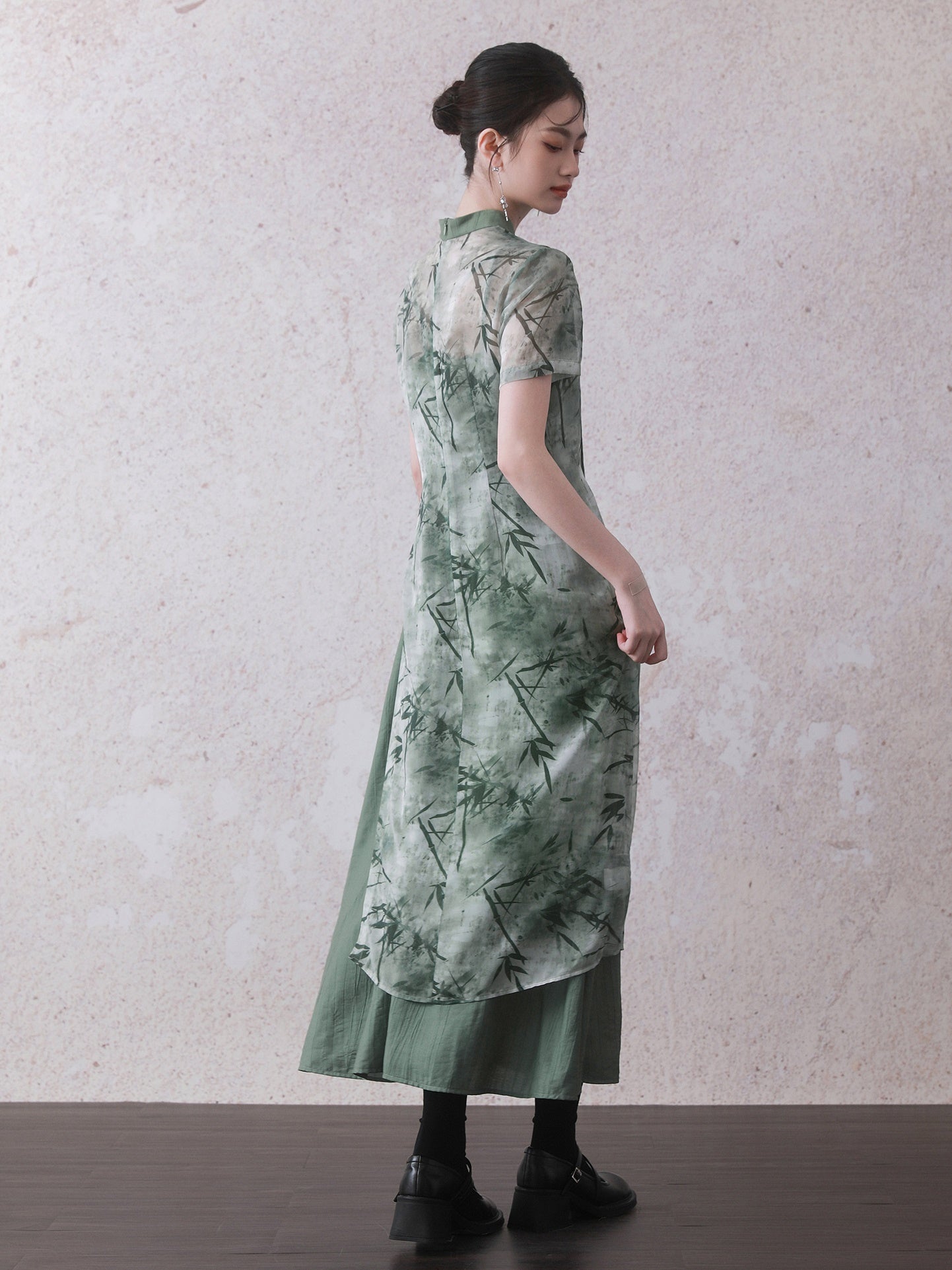 Chinese Style Bamboo Leaf Print Long Shirt & Camisole One-piece Set-up