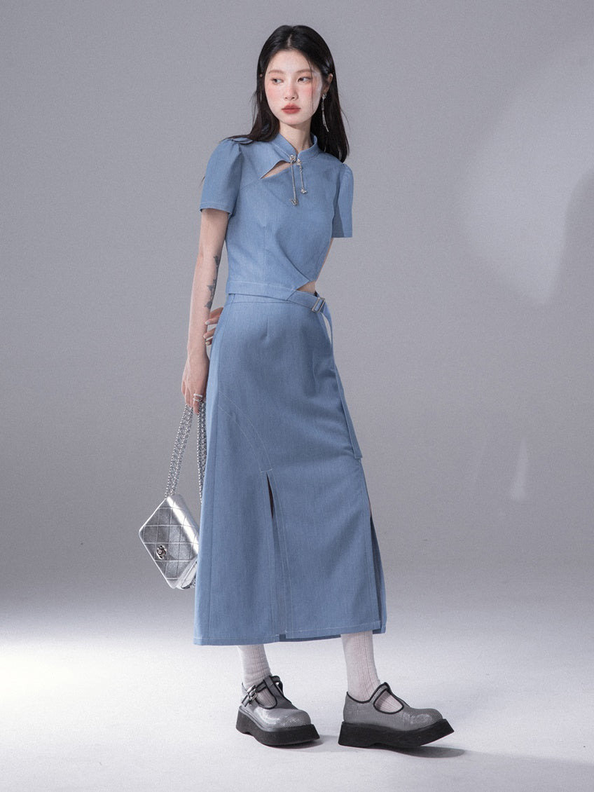 Cut-out Chinese Short Sleeve Top & Slit Skirt Set-up