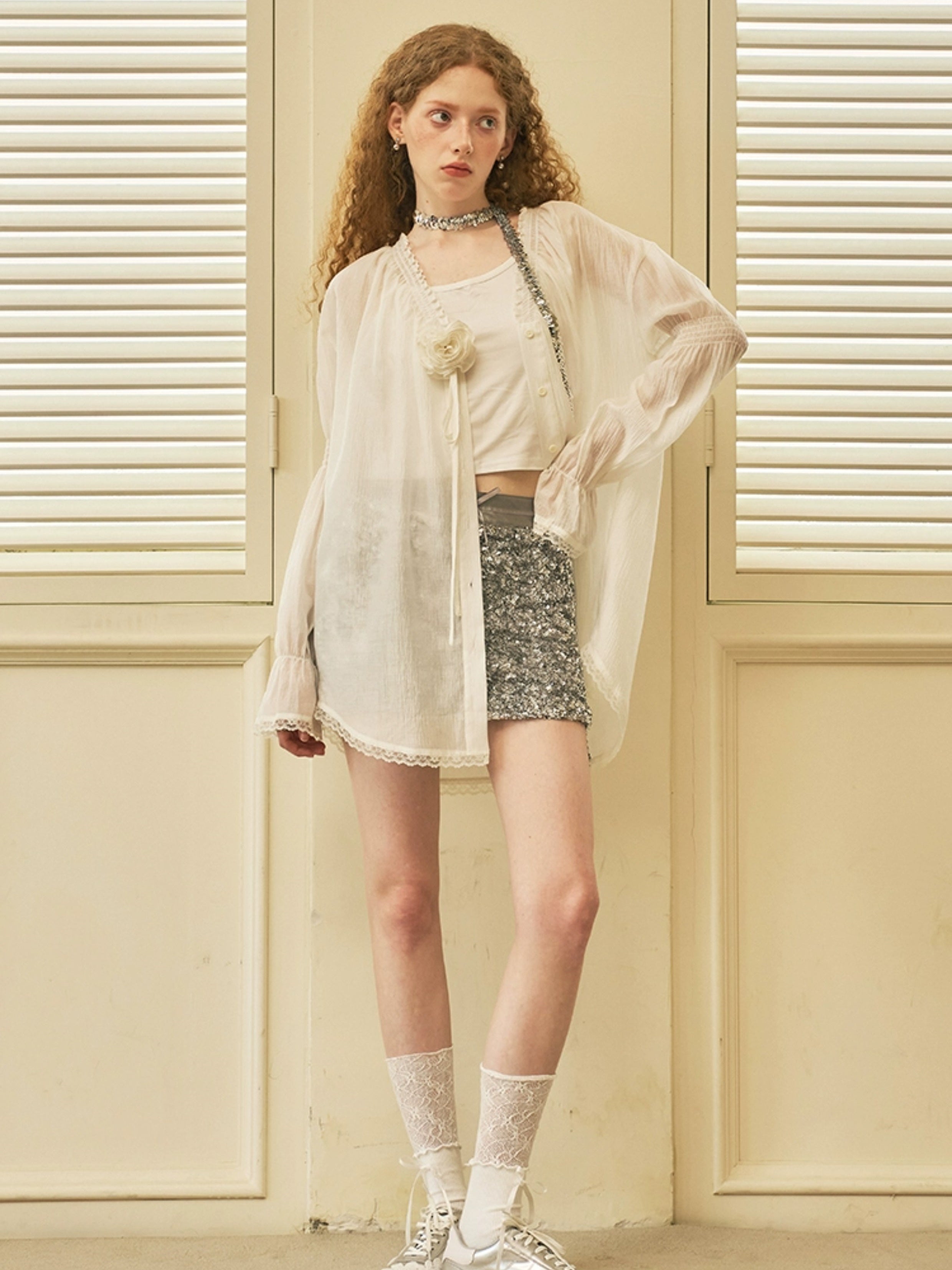 Gather V-Neck Lace Stitching Sheer Shirt