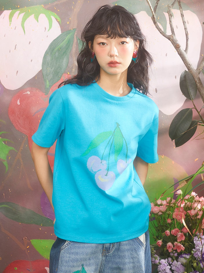 Cherry Print Loose Round Neck T-shirt