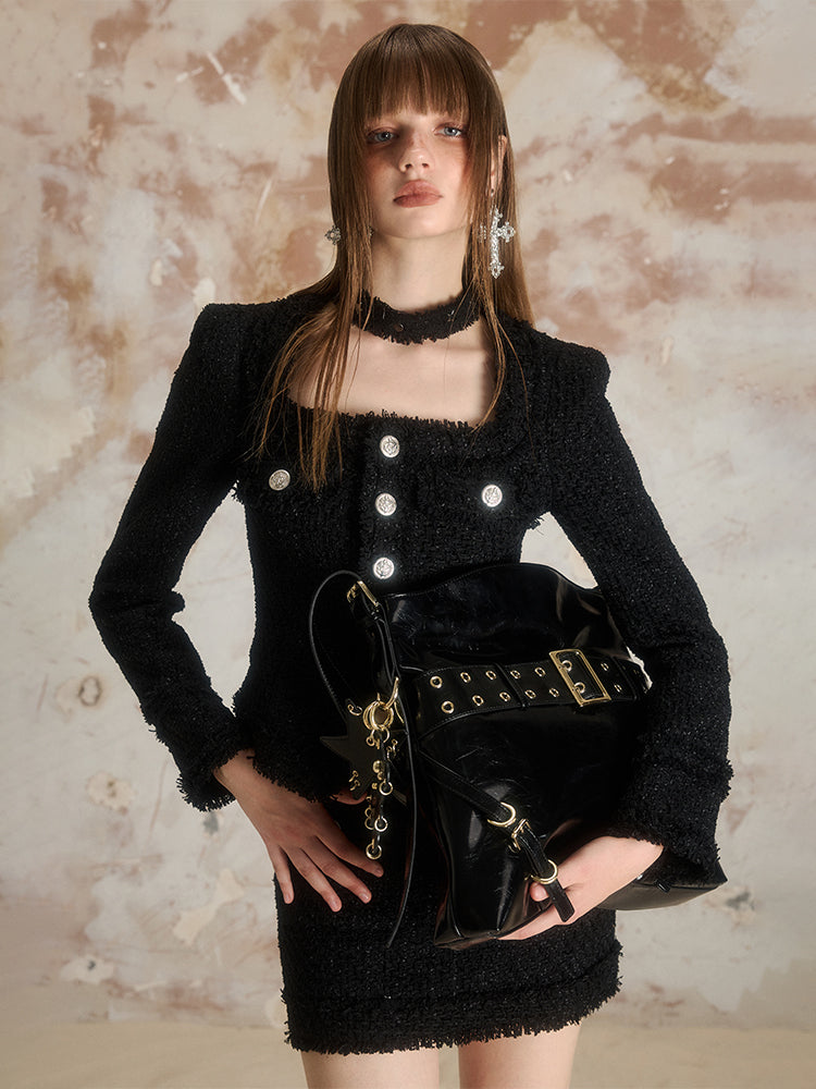 Square Collar Tweed Short Jacket & Tight Skirt