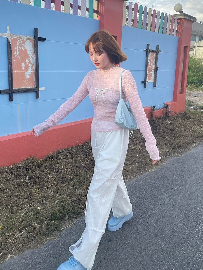 Long-sleeved Wrinkled Hollow Bowknot Bottoming Shirt