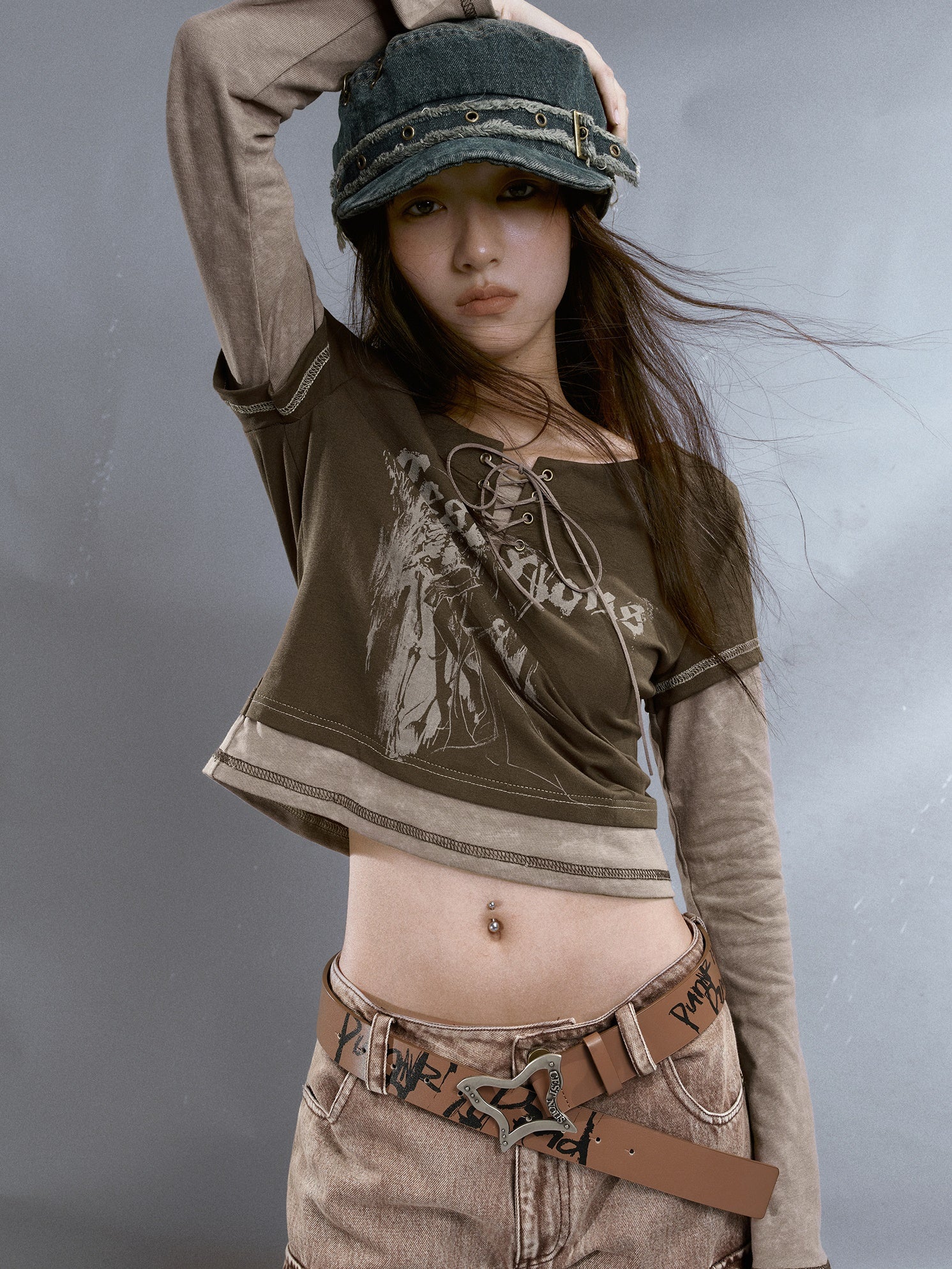 Fake 2Piece Lace-up Print Long T-Shirt