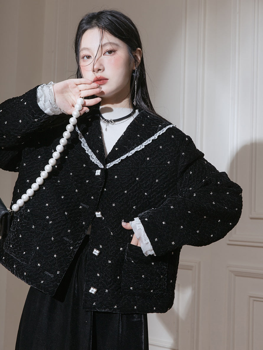 Velvet Bead-flower Short Jacket & Lace Stitch Cake Skirt