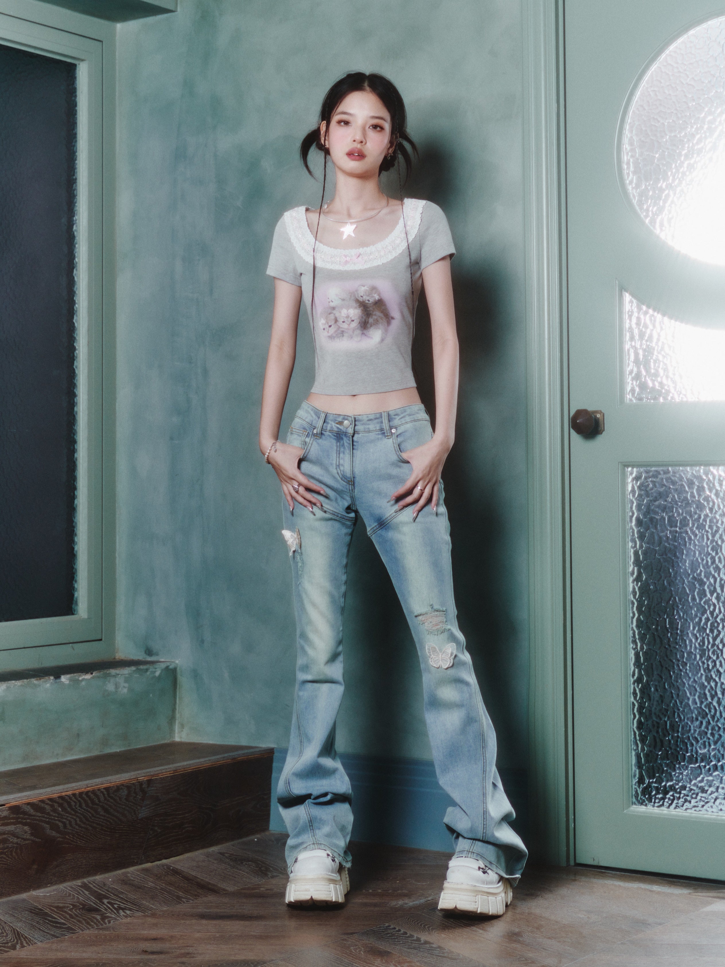 새끼 고양이 프린트 레이스 가장자리 짧은 티셔츠