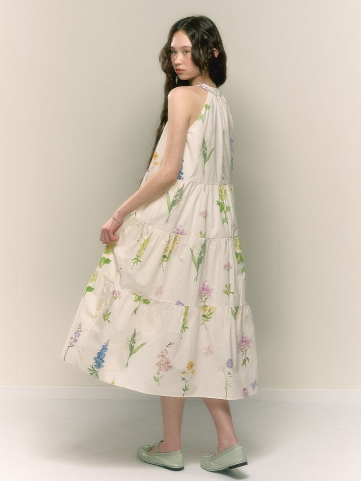 French Retro Girly Print Pleated A-line Halterneck Long Dress