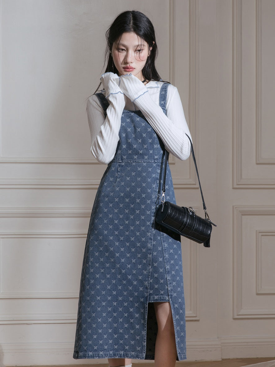 Raw Edge Jacquard Denim Jacket & Butterfly Suspender Skirt
