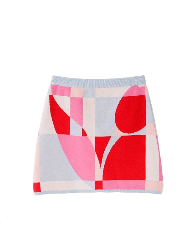 Mosaic Plaid Tulip Stole& Handbag & Knitted Sweater & Skirt