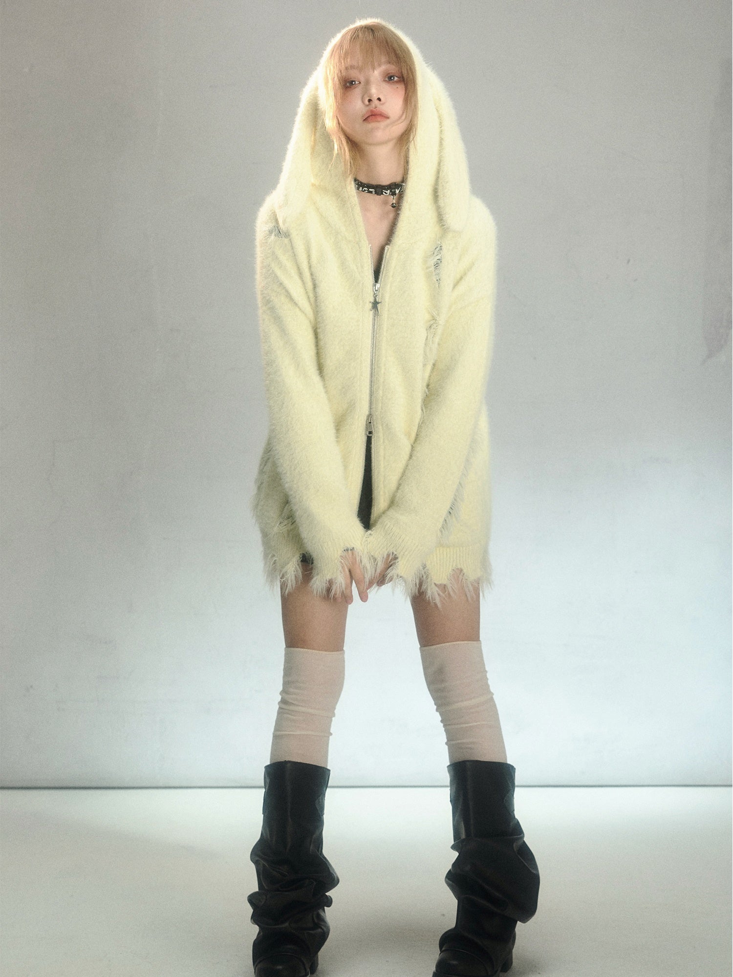 Bunny Ears Ripped Hooded Knitted Cardigan