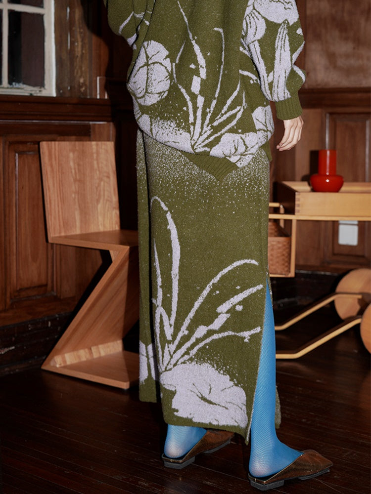 Lose Blume Jacquard Strickpullover & Rock