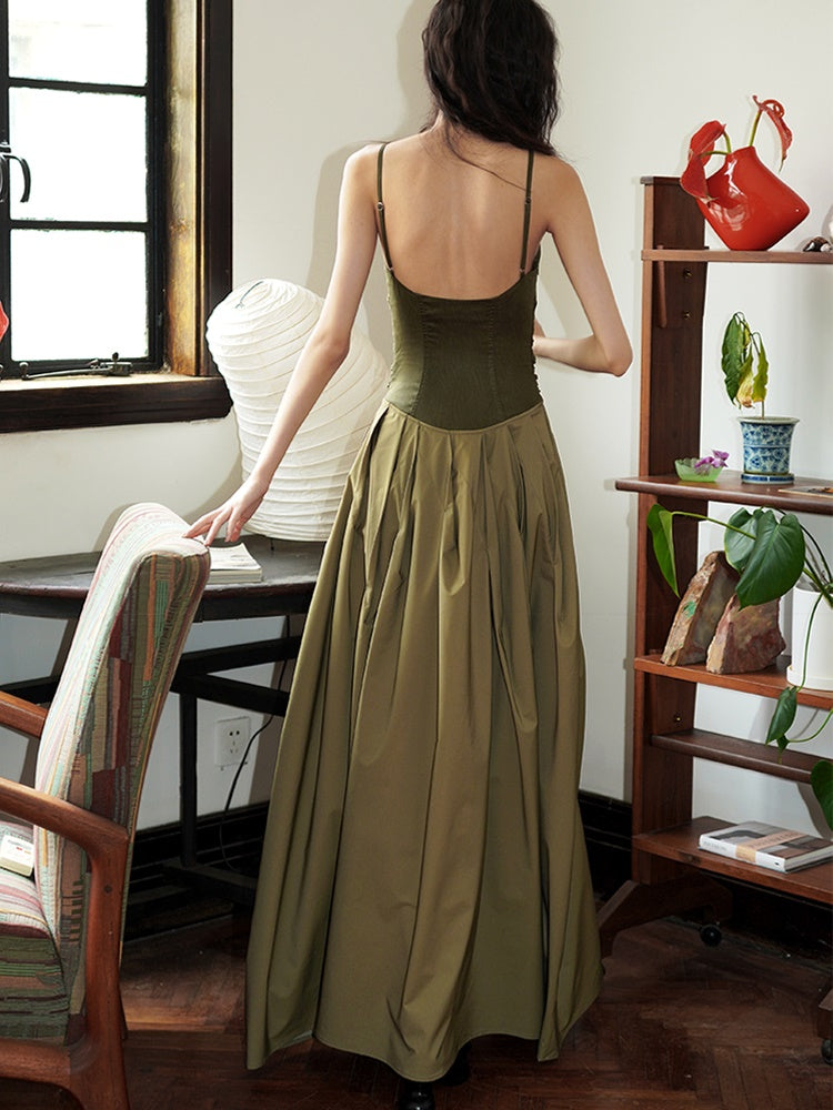 Polarized Faux Leather Hollow Suspender Long Dress