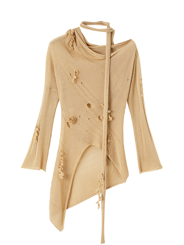 Slant-Hals unregelmäßiger Saumlochpullover