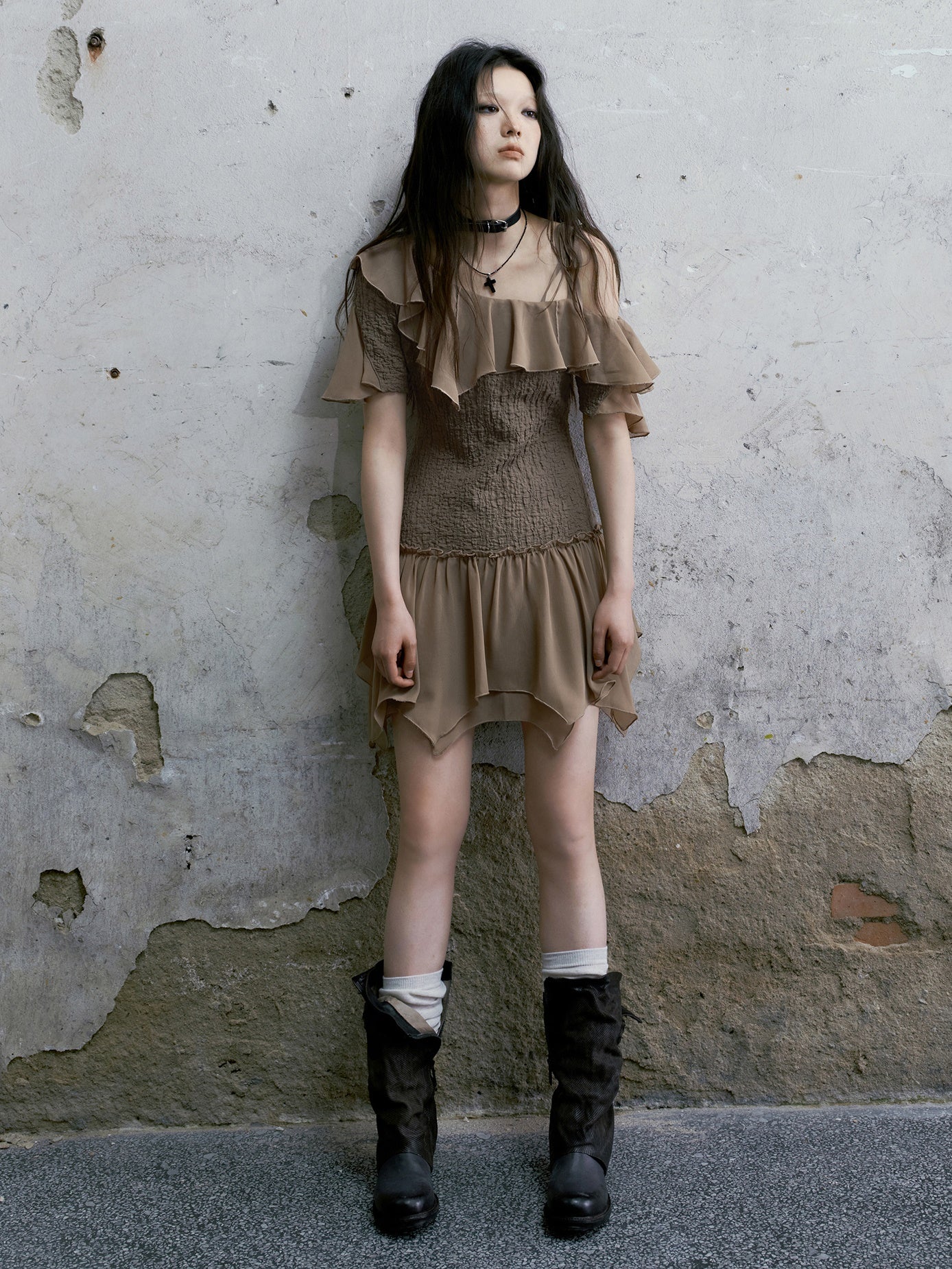 One-Shoulder Washer Frill Dress