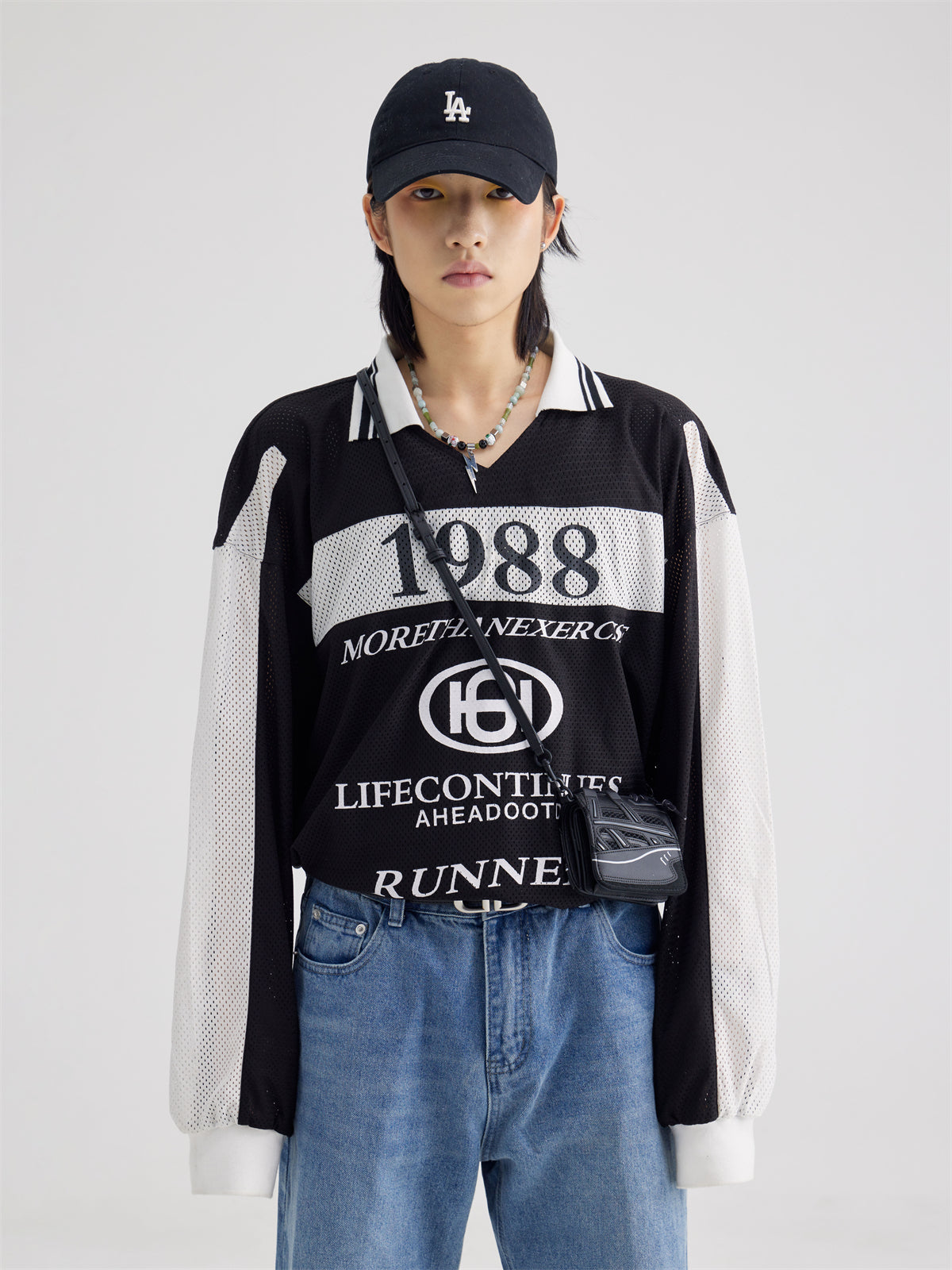 Polo Collar Mesh Print Long-sleeved T-shirt