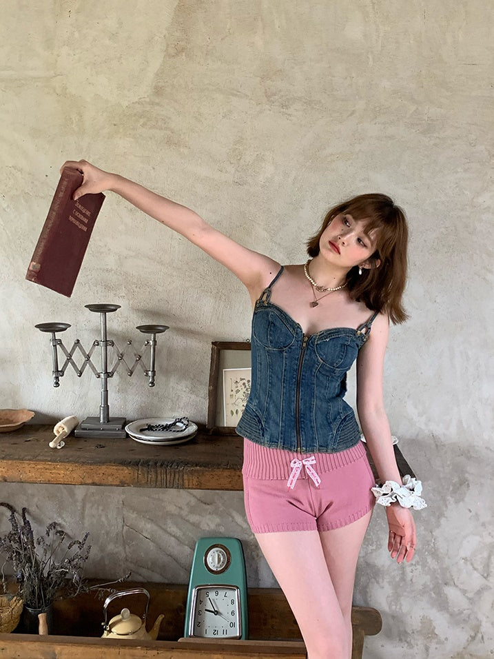 Knitted Cropped V-neck Cardigan & Short Pants