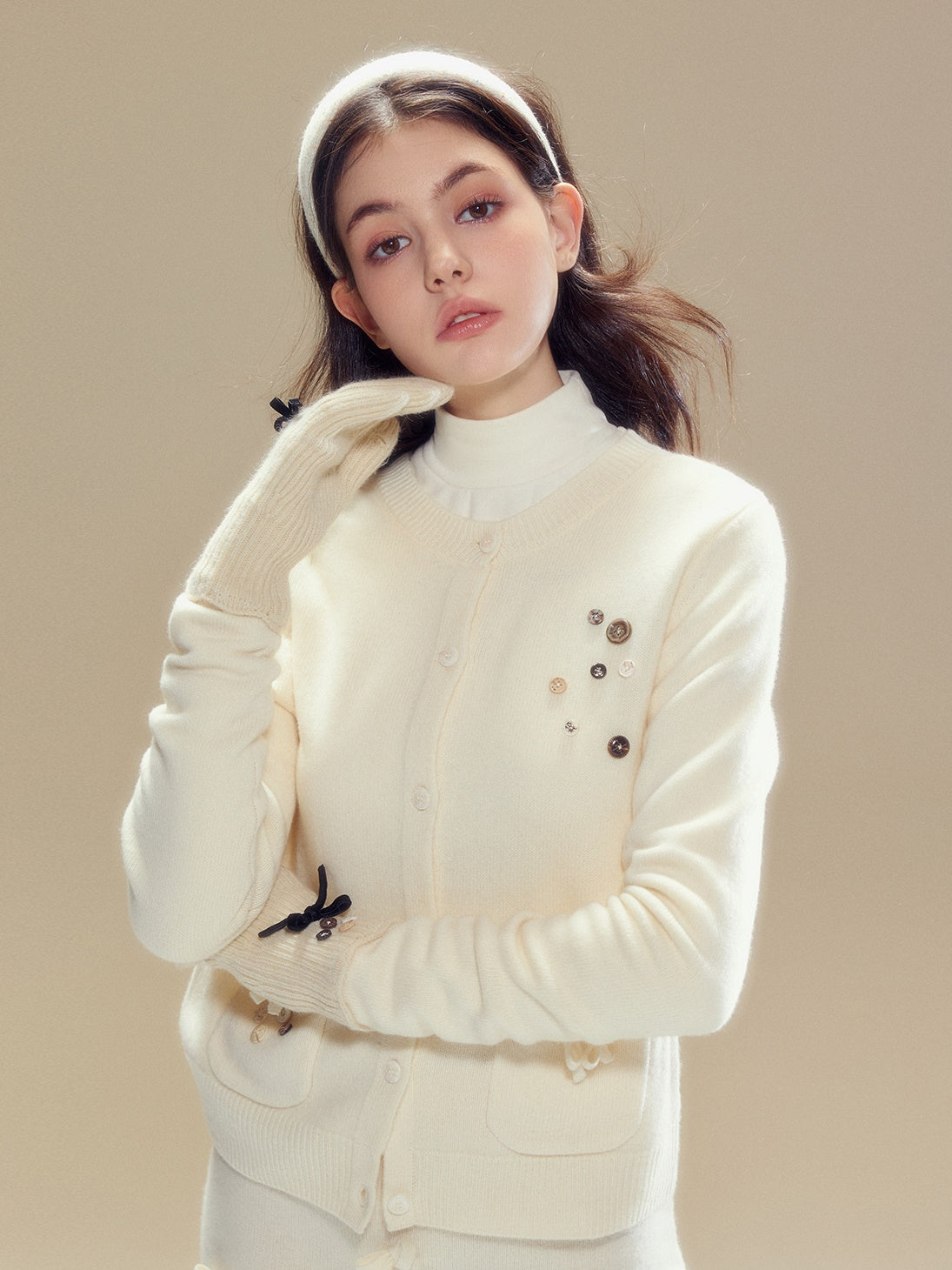 Button Accent Knitted Cardigan & Ribbon Skirt