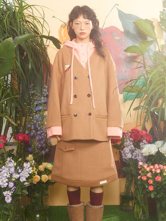 Apple Embroidered Fake Two-piece Patchwork Hooded & A-line Skirt