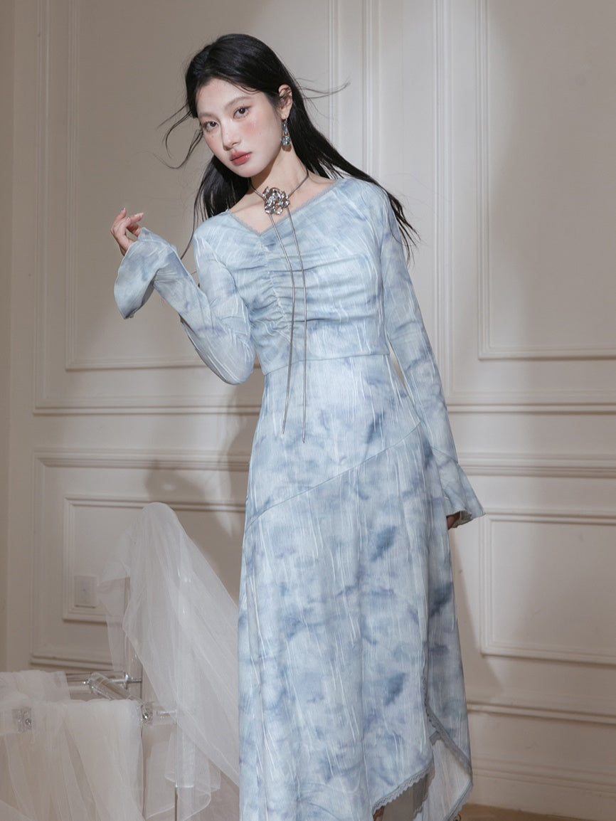 번지 인쇄 스트레치 타이트 드레스