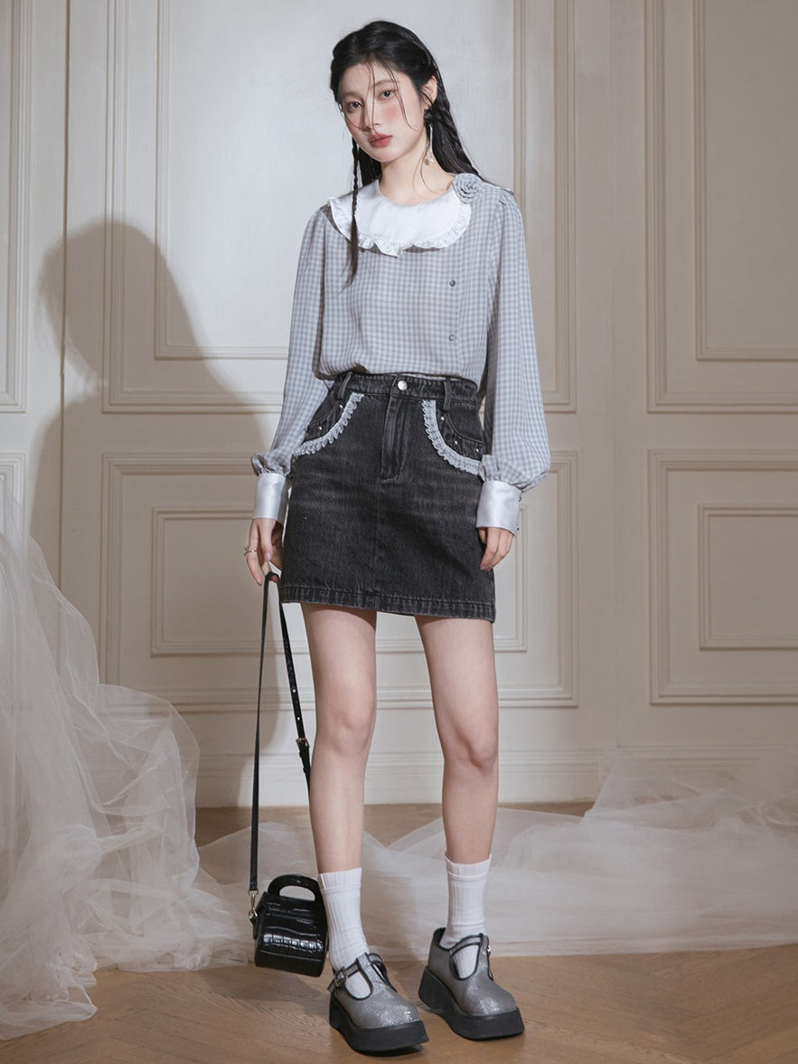 Contrast Color Plaid Shirt & Asymmetry Skirt Set-up