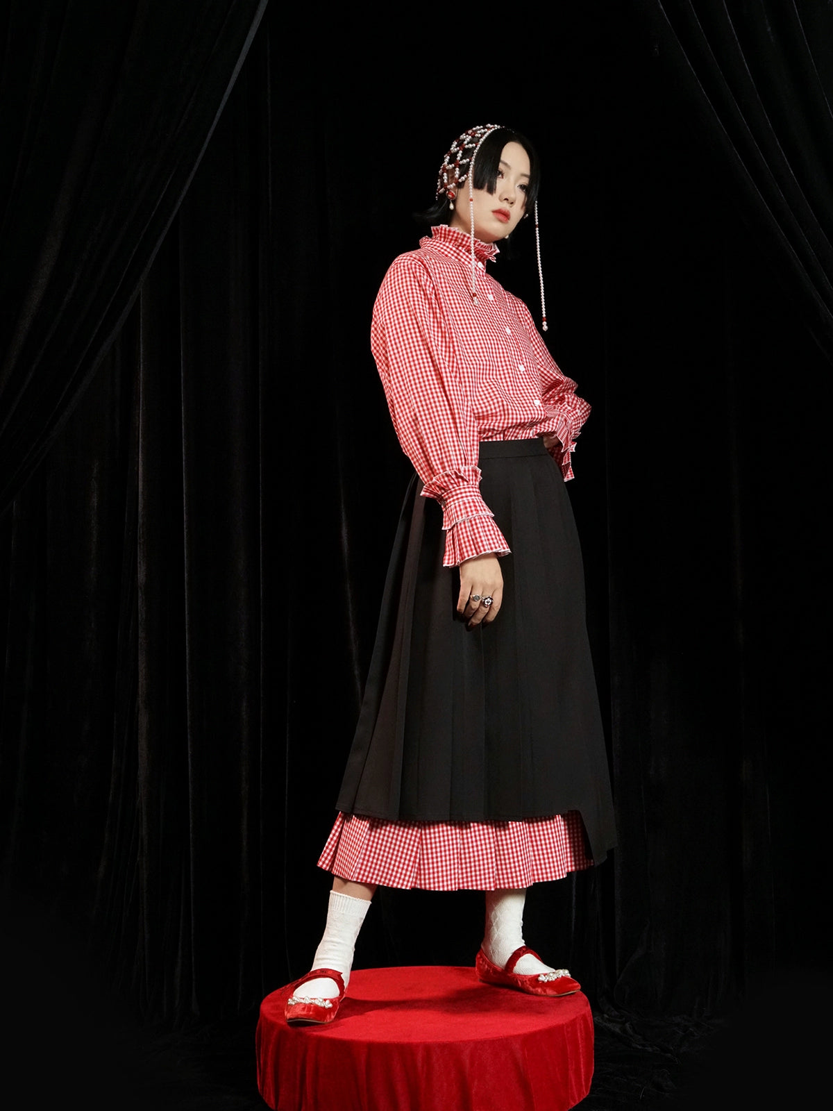 Double-layered Plaid Pleated Skirt