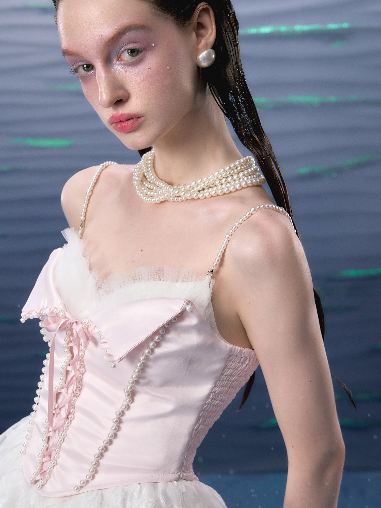 Organza Puffy Suspender Dress & Pearl Corset